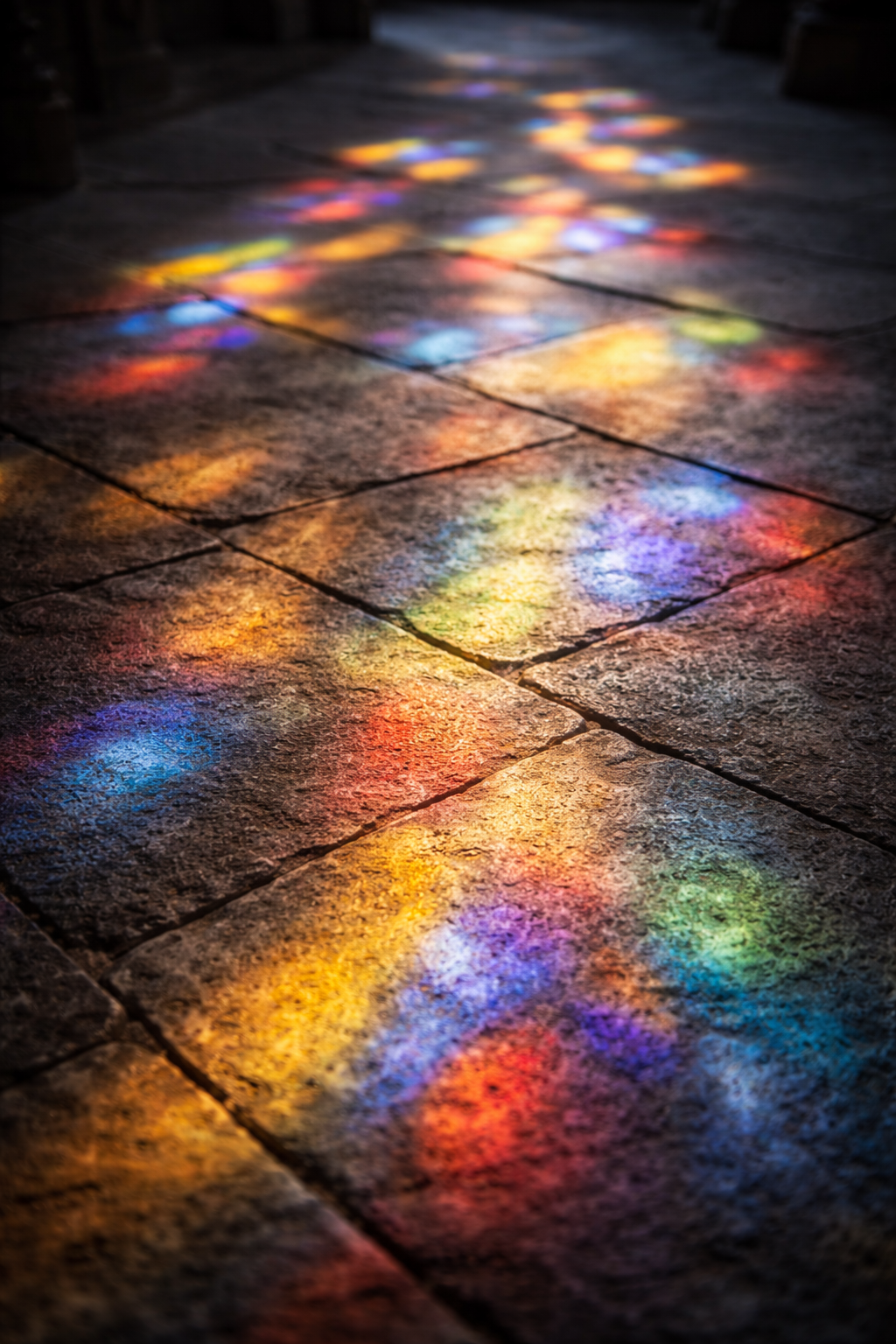 Colorful stained glass light patterns scattered across grey stone church floor, rainbow reflections in abstract art from sunlight and glass, shallow depth of field -- HD wallpaper