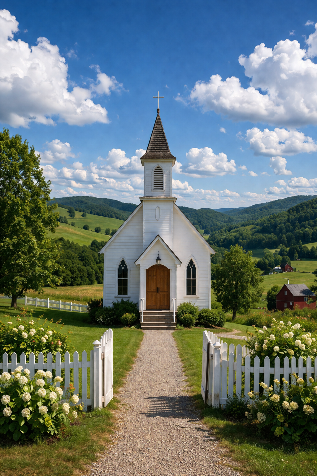 Small white country church with white hydrangeas lining the gravel path, white picket fence, green trees, bright blue summer sky -- peaceful HD church wallpaper