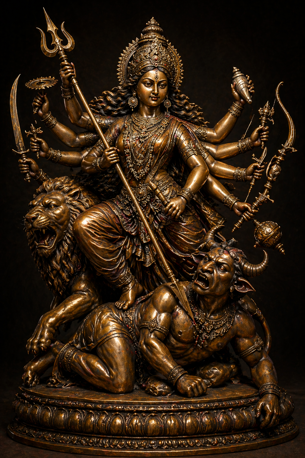 Durga Mahishasuramardini bronze statue HD wallpaper tribhanga pose dark background divine weapons intricate metalwork Chola art style
