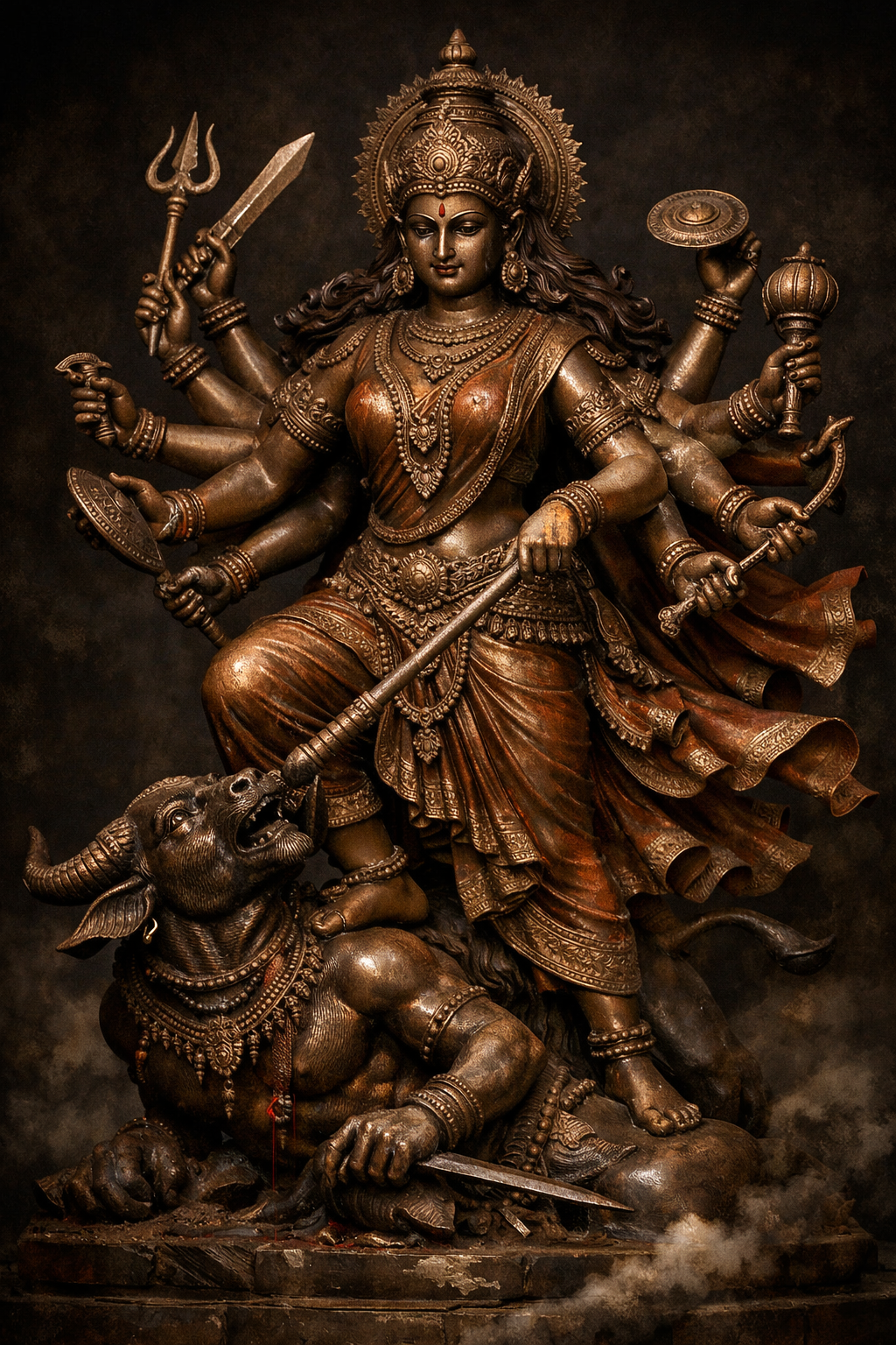 Durga Mahishasuramardini bronze Chola sculpture style HD wallpaper eight arms dark background museum quality patina