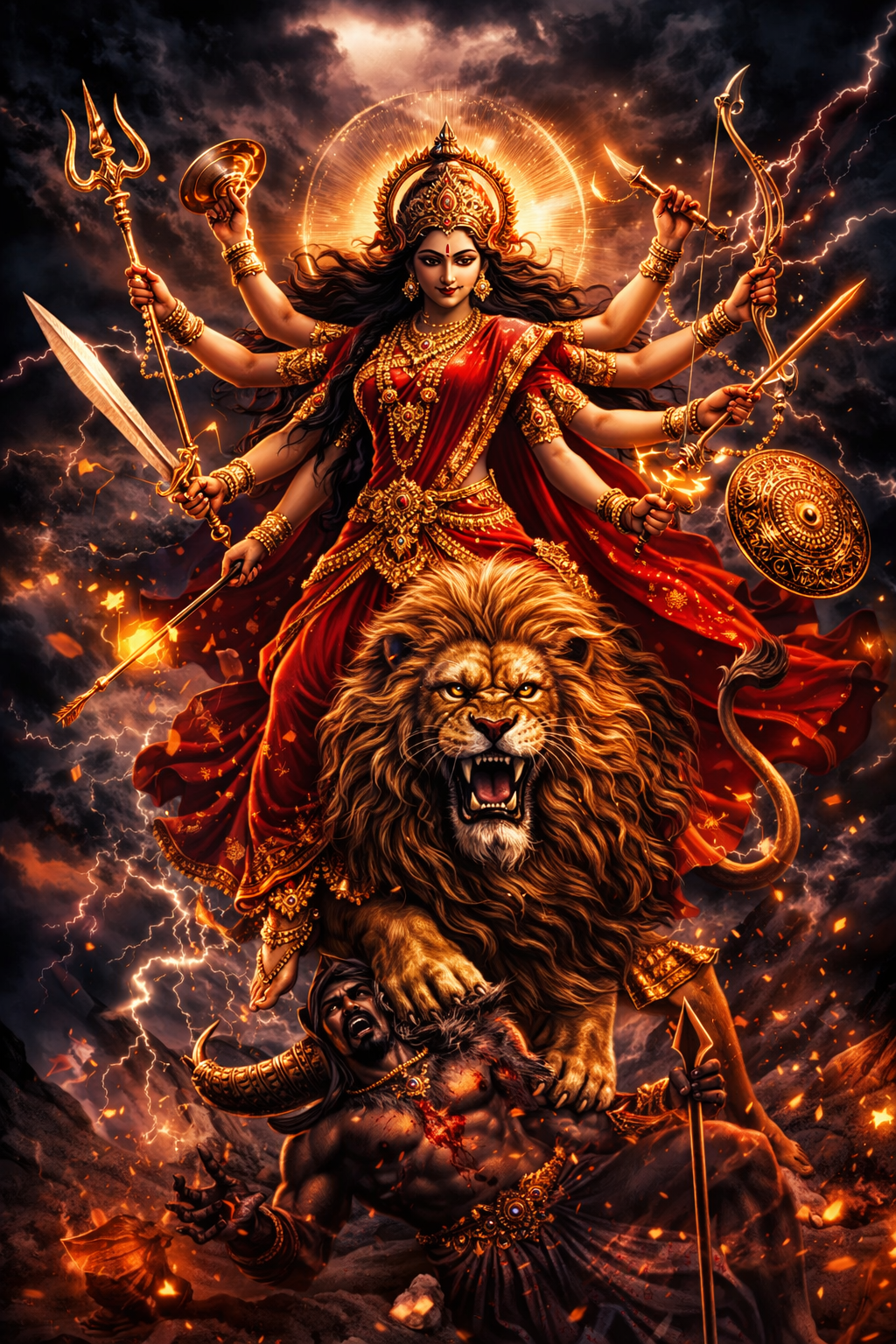 Goddess Durga as Mahishasura Mardini riding lion vahana, ten arms wielding divine weapons -- trident, sword, discus, bow, arrow, thunderbolt, lotus, conch, mace and shield -- fierce compassionate expression, Mahishasura beneath feet in buffalo form, dark stormy sky with lightning -- Durga Navratri HD wallpaper