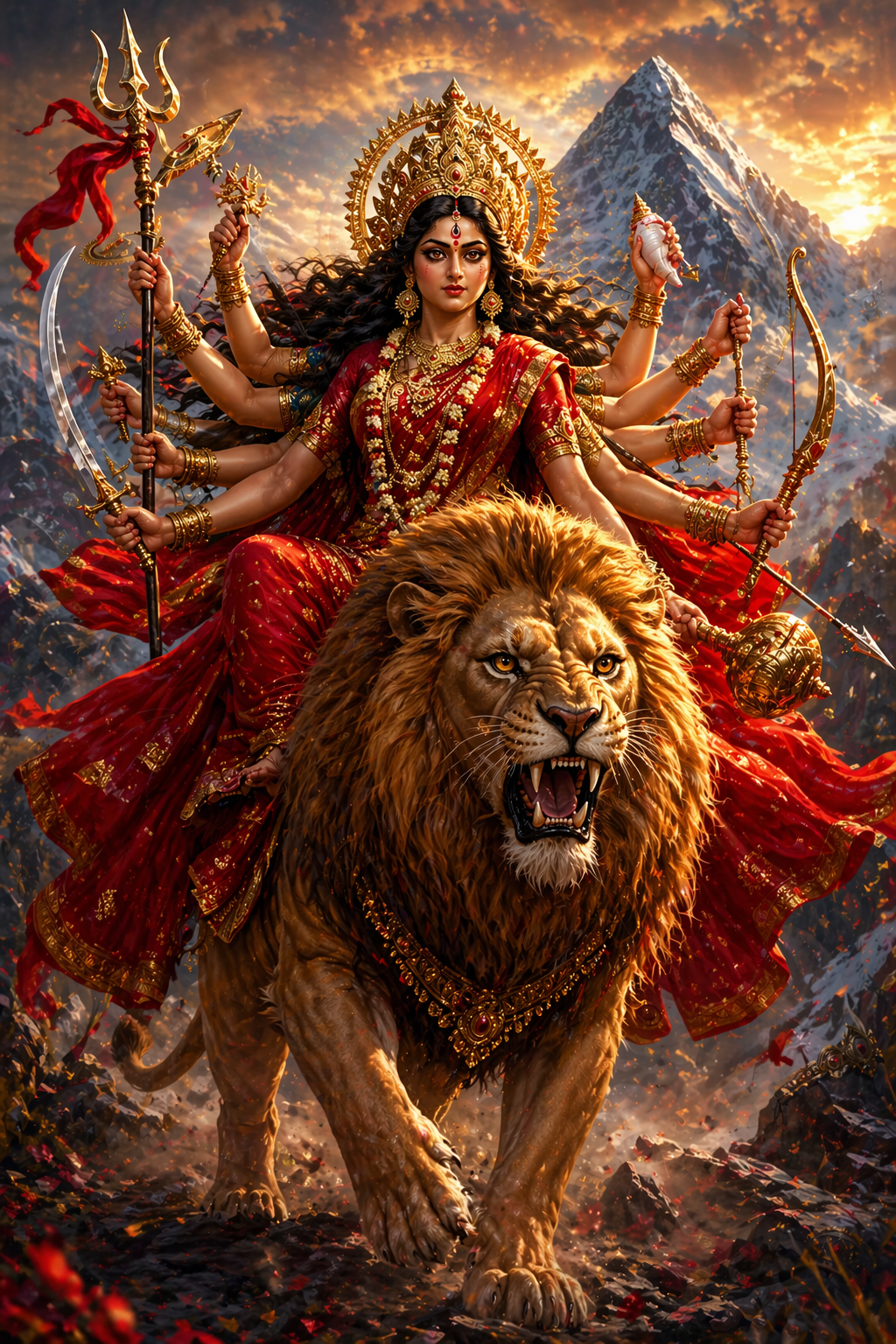 Sherawali Durga Maa standing on roaring lion mountain peaks HD wallpaper red sari golden armor weapons Himalayan scene
