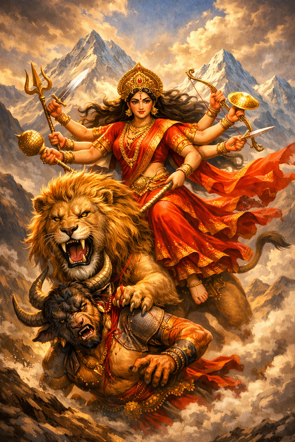 Durga Sherawali Maa riding lion through mountains HD wallpaper eight arms weapons red sari Himalayan peaks clouds