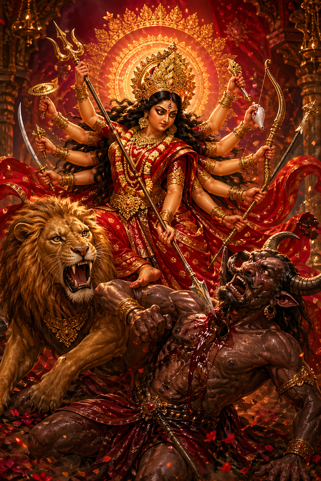 Goddess Durga Mahishasuramardini slaying buffalo demon HD wallpaper crimson gold divine radiance lion mount weapons battle