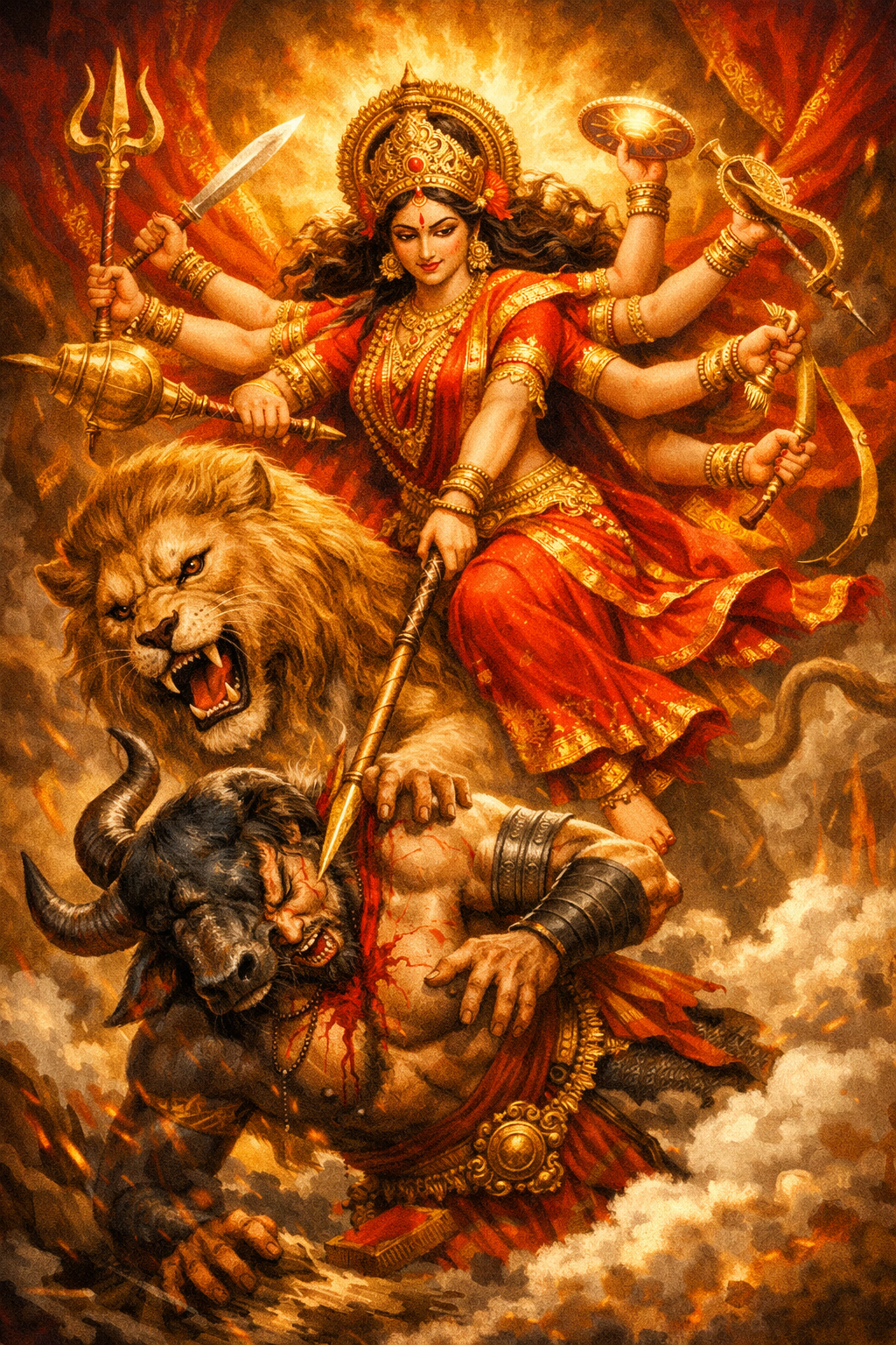 Goddess Durga slaying Mahishasura buffalo demon fiery battle HD wallpaper ten arms weapons lion mount red sari divine warrior