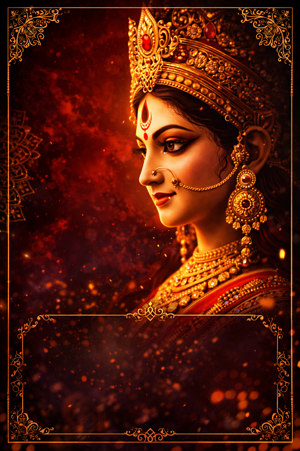 Goddess Durga face in profile, serene and powerful expression, ornate gold crown, third eye with red bindi, traditional nose ring and ear ornaments, dark background transitioning deep crimson to black, ornate golden decorative border, sacred geometry in gold filigree at corners -- Happy Navratri greeting portrait HD