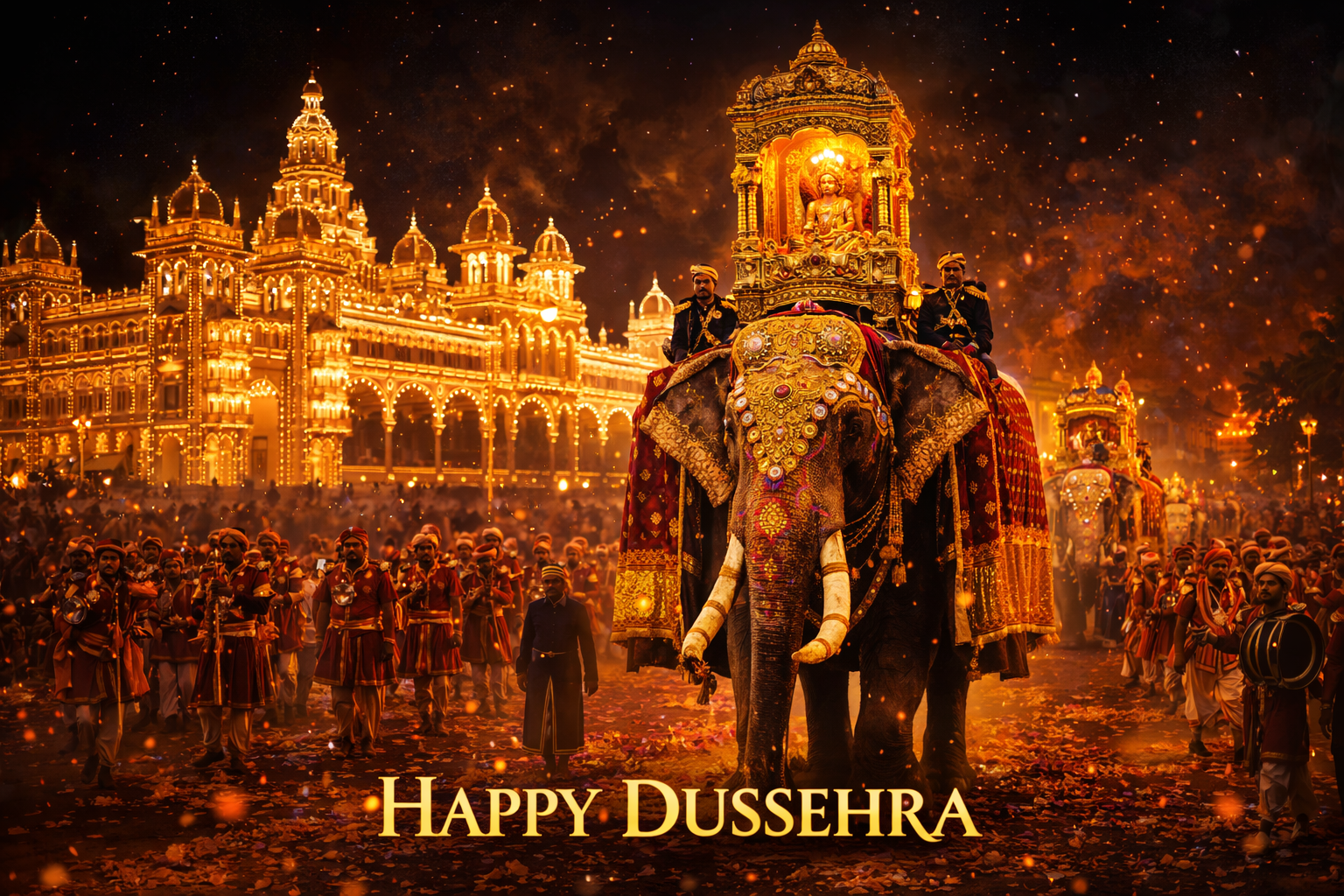 Grand Mysuru Dasara Jamboo Savari royal procession -- majestic caparisoned elephant carrying golden howdah with Goddess Chamundeshwari idol, Mysore Palace illuminated with thousands of lights behind, marching bands and folk dancers in procession, flower-strewn streets, night setting with palace glowing gold against dark sky -- HD wallpaper
