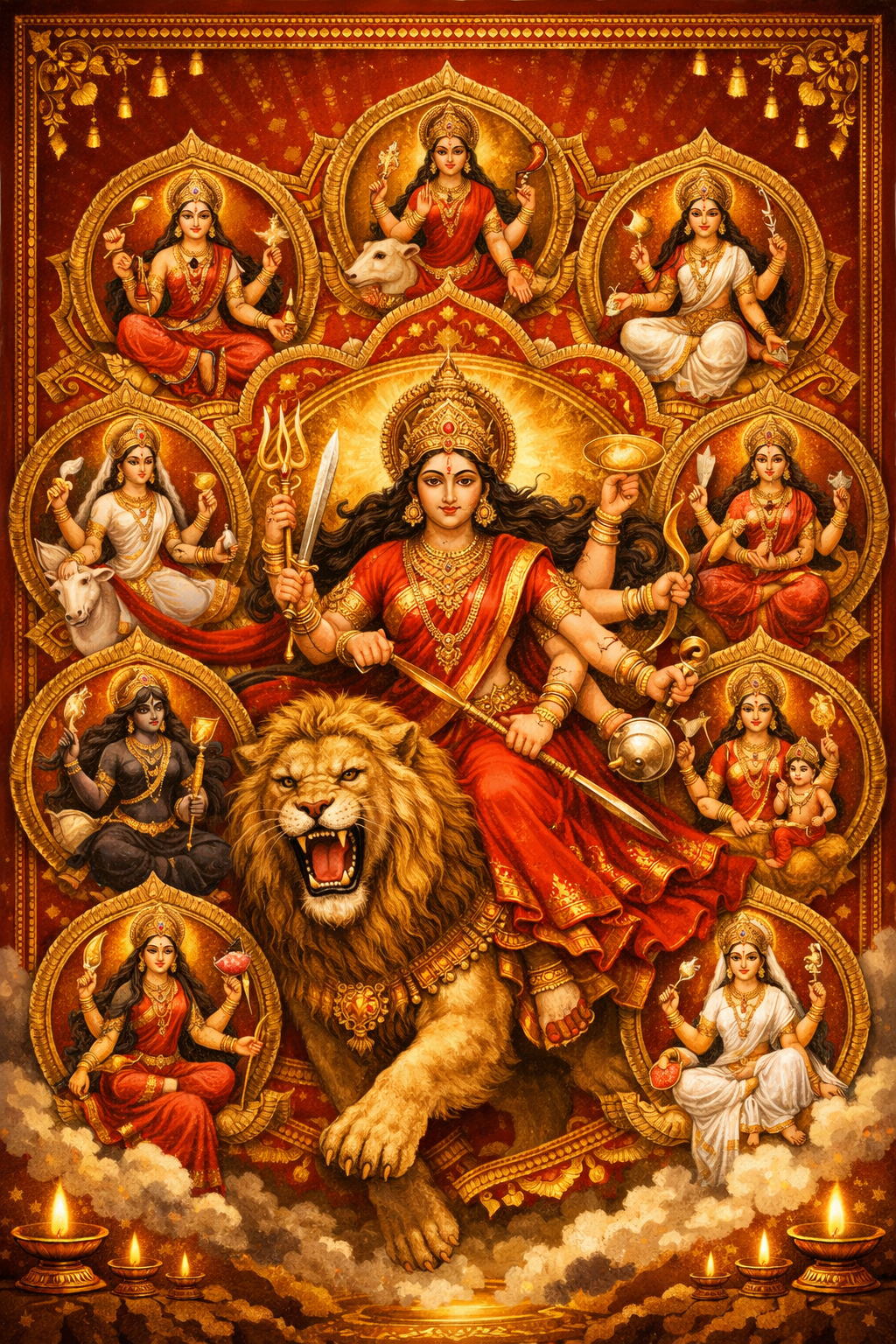 Navadurga nine forms mandala composition HD wallpaper central Durga on lion eight medallions diyas red gold festival art
