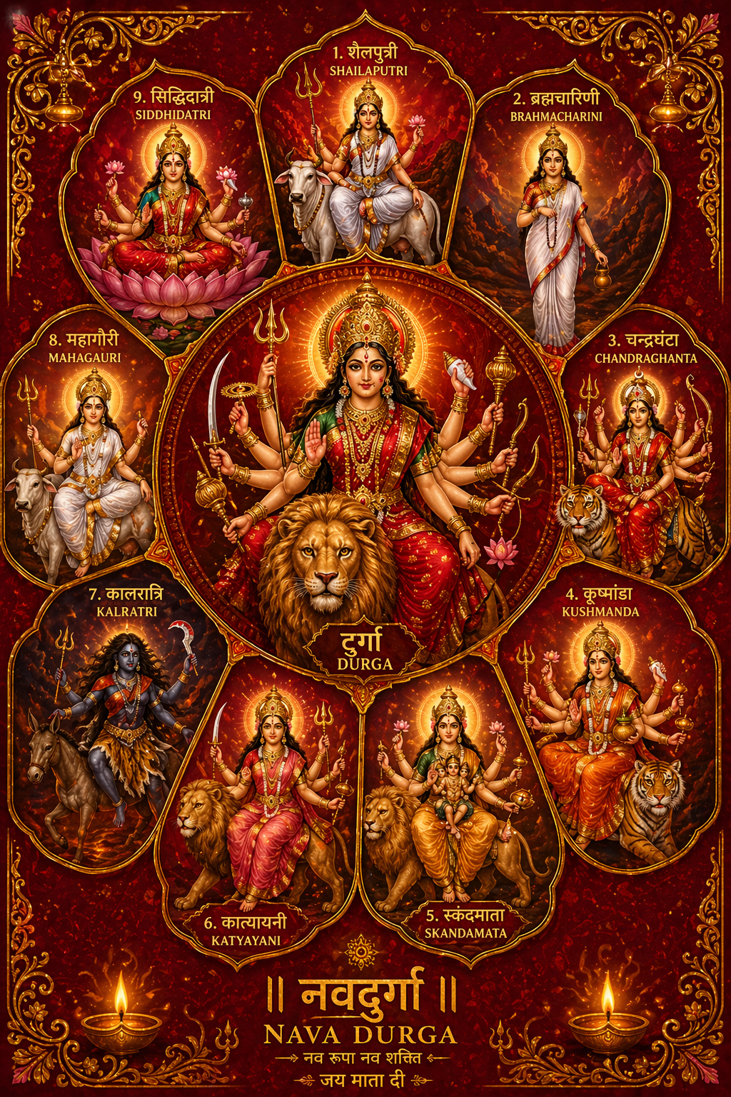 Nava Durga nine forms of Goddess Durga HD wallpaper medallions with Hindi labels Navratri Shailputri Brahmacharini Chandraghanta festival