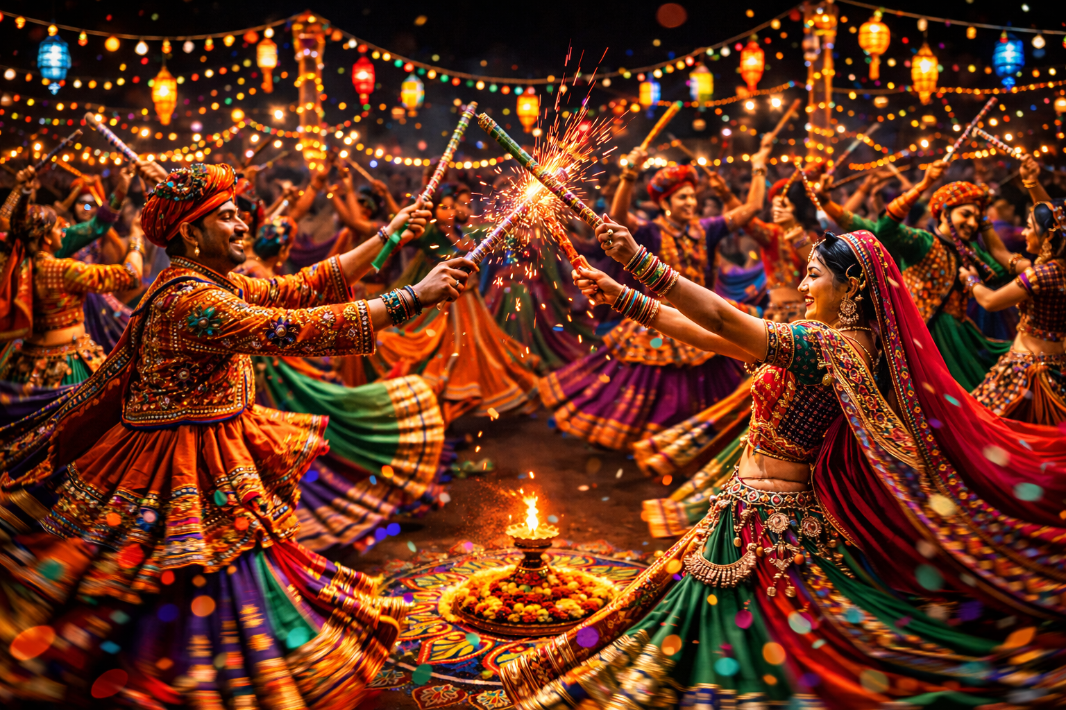 Pairs of Navratri dancers striking decorated dandiya sticks mid-air with sparks of color flying, men in kediyu and women in ghagra choli with silver jewelry, circular dance formation, string lights and lanterns, swirling fabric motion trails, jewel tone colors against deep dark background -- Dandiya Raas HD wallpaper