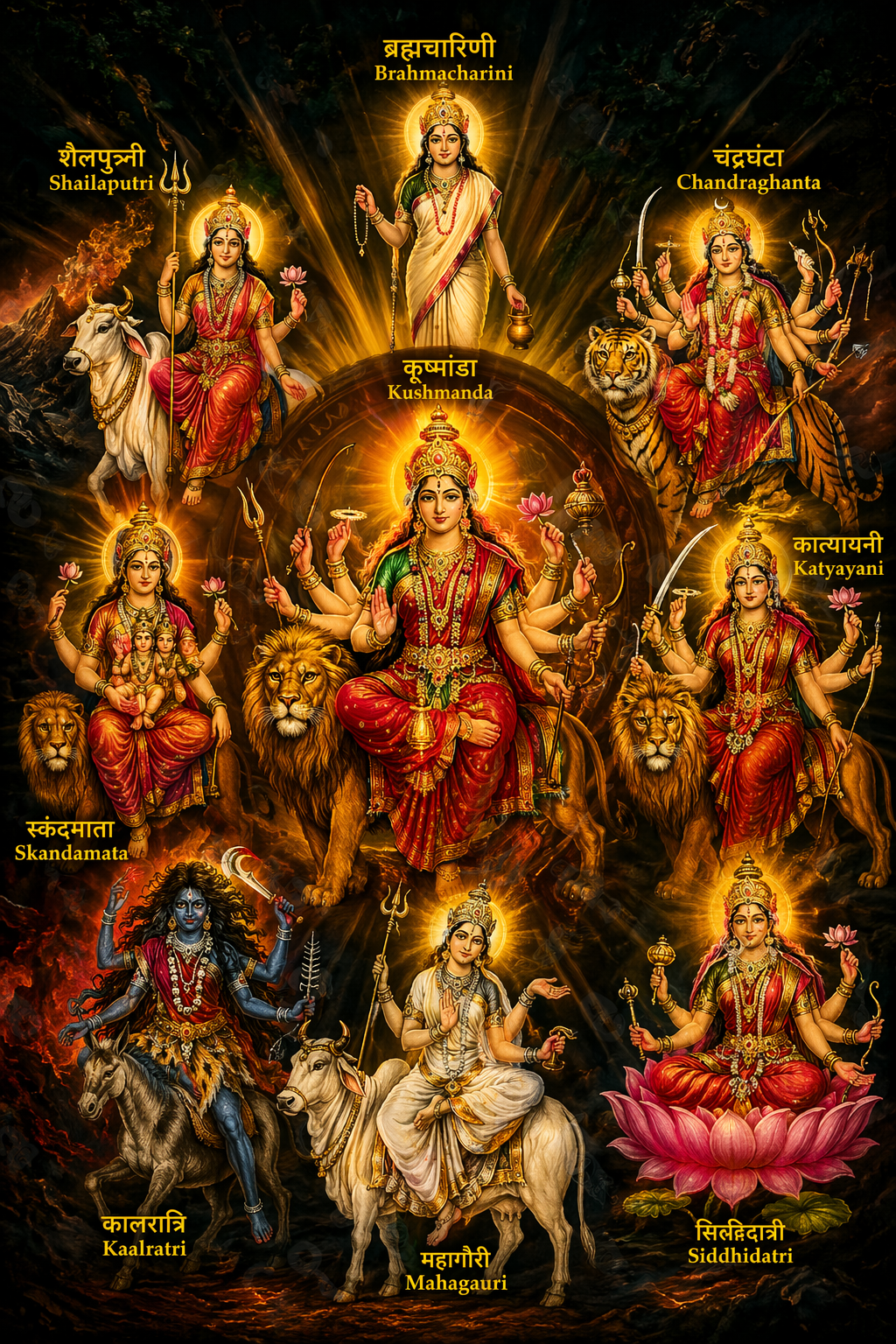 All nine Navadurga forms of Goddess Durga in sacred radial mandala arrangement, each with iconographically correct weapons and vahanas, rich crimson and saffron colors, heavy gold jewelry, dark dramatic background with divine golden rays -- Navratri HD wallpaper