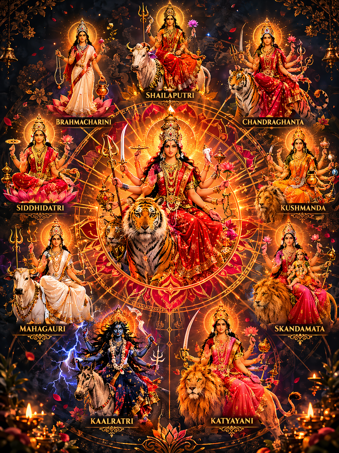 Nine forms of Goddess Durga arranged in sacred mandala composition -- Shailaputri, Brahmacharini, Chandraghanta, Kushmanda, Skandamata, Katyayani, Kaalratri, Mahagauri and Siddhidatri with correct iconographic attributes, saffron and crimson sarees, gold ornaments, dark background with divine golden light rays -- Navadurga HD wallpaper