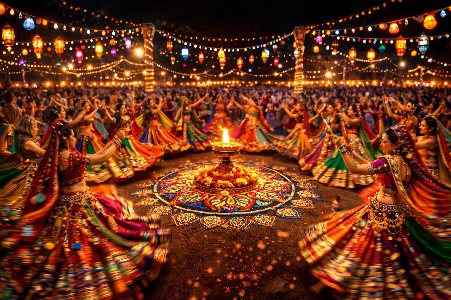 Women in vibrant chaniya choli performing circular Garba dance around lit central garbha deep lamp, colorful mirror-work outfits in red orange green magenta, dandiya sticks in hand, festive lights overhead, rangoli on ground, motion blur on spinning dancers -- Navratri Garba HD wallpaper