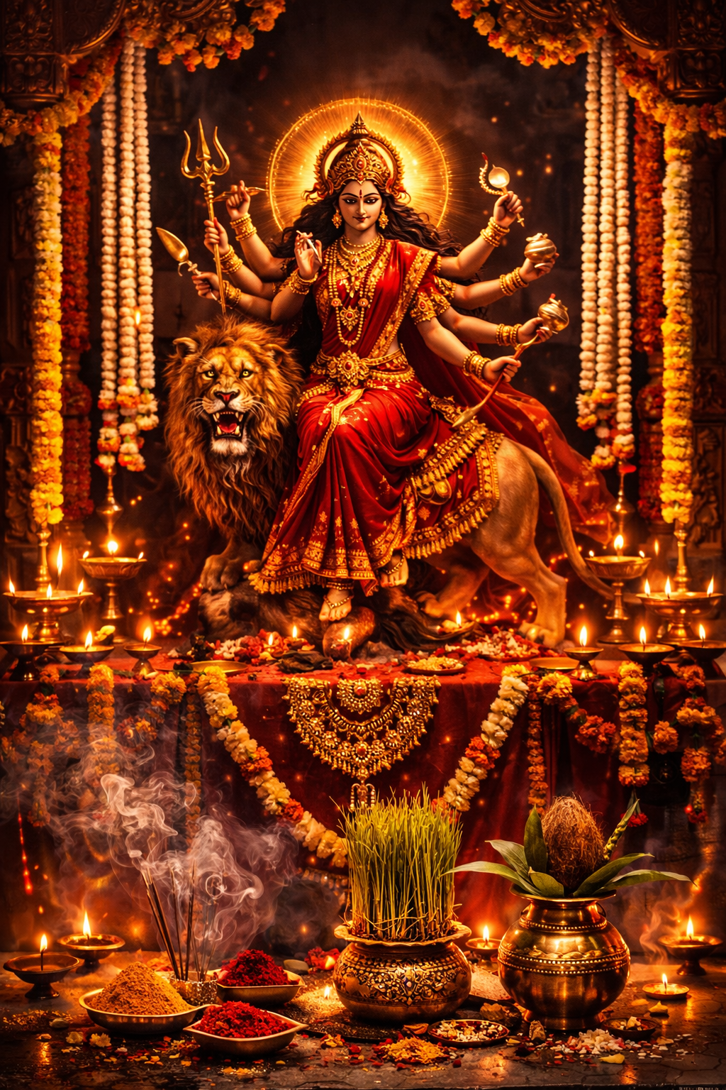 Traditional Navratri puja scene -- ornate Durga idol on decorated altar with red cloth, marigold garlands, lit brass oil lamps (diyas), incense smoke rising, kumkum and turmeric offerings, brass kalash with coconut and mango leaves, ghatasthapana setup with sprouting barley -- warm lamplight HD wallpaper