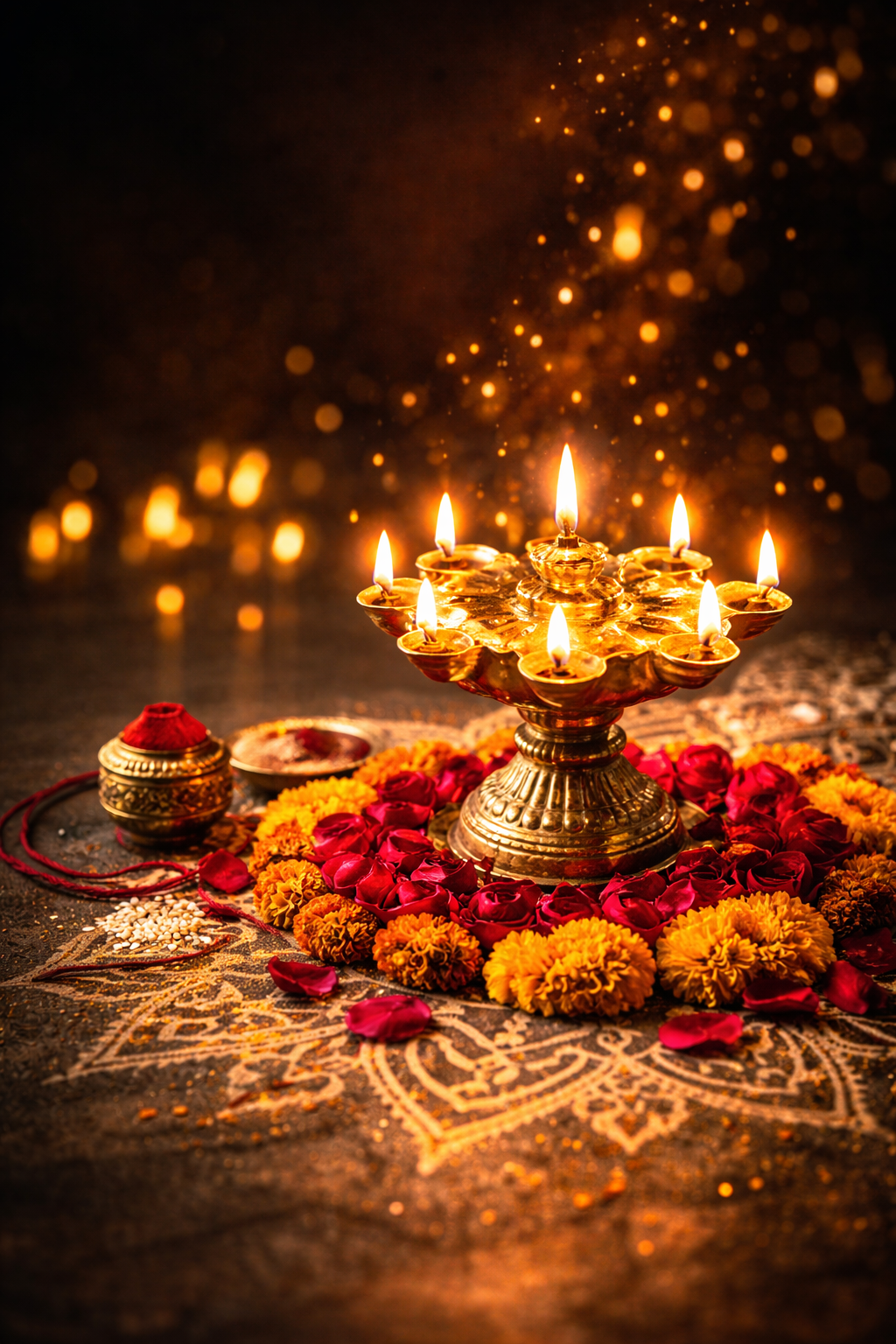 Beautifully lit brass Navratri akhand jyoti lamp with nine flames representing nine nights, surrounded by red rose petals and marigold flowers, kumkum tilak, sacred red thread, sindoor box, golden bokeh particles floating upward, rangoli design on dark floor -- Navratri wishes HD wallpaper