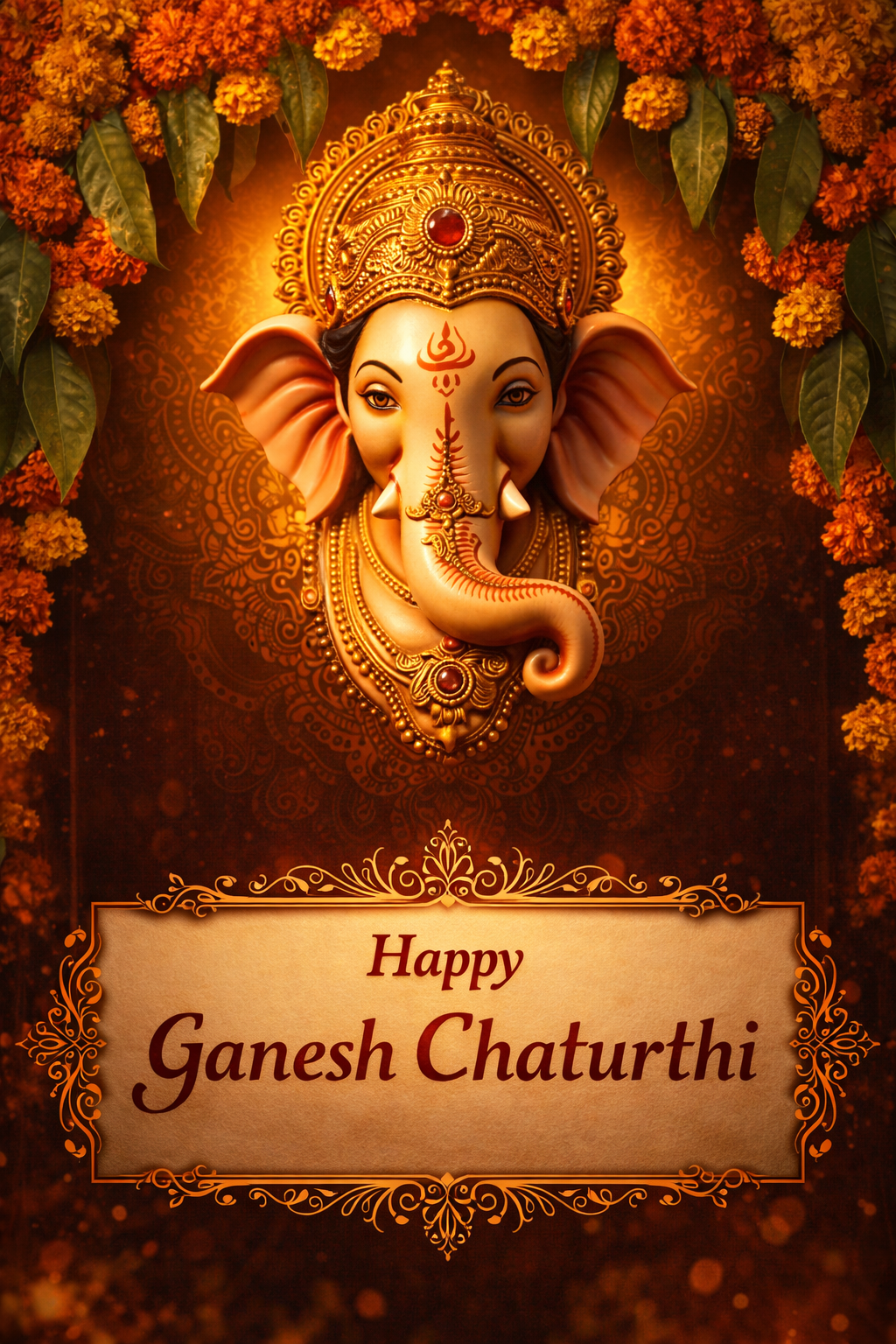 Beautiful Ganesha face close-up with golden skin and serene expression, ornate crown, marigold flowers and mango leaves decorative border, dark mandala pattern background, warm divine golden glow -- Ganesh Chaturthi HD greeting image