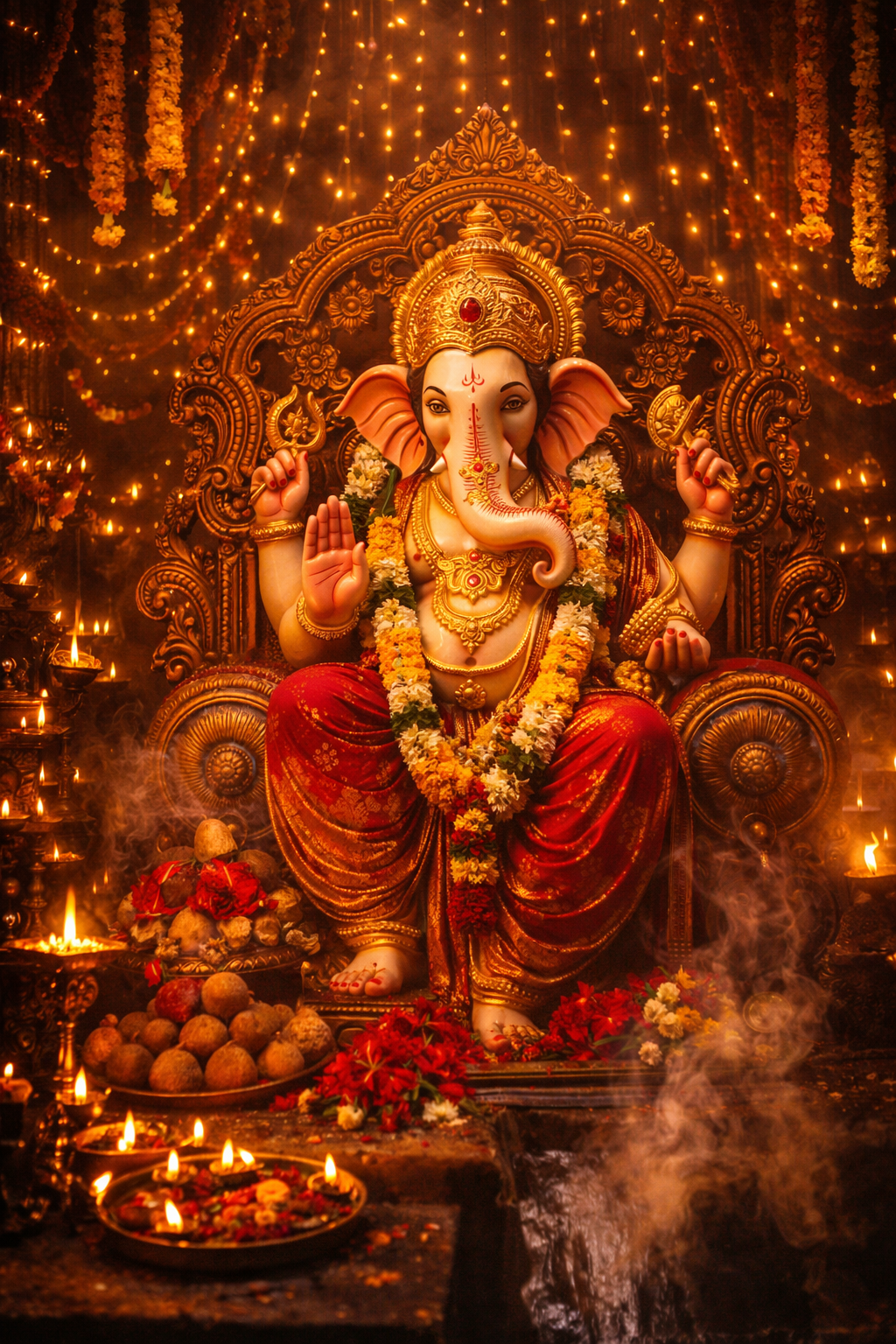 Grand Ganesh Chaturthi pandal with large decorated Ganesha idol on ornate golden throne, hundreds of fairy lights and oil lamps, marigold and jasmine garlands, modak offerings, incense smoke in golden light beams -- HD festival wallpaper