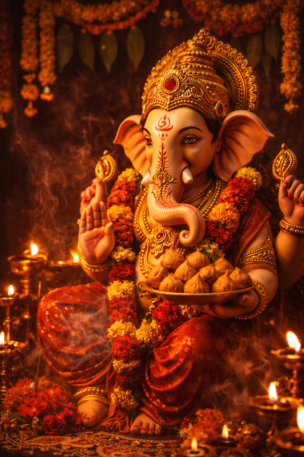 Close-up of beautifully painted clay Ganesha idol with golden crown, trunk curving left holding modak, surrounded by red and yellow marigold garlands, lit diyas and incense, rangoli patterns -- Ganesh Chaturthi HD wallpaper