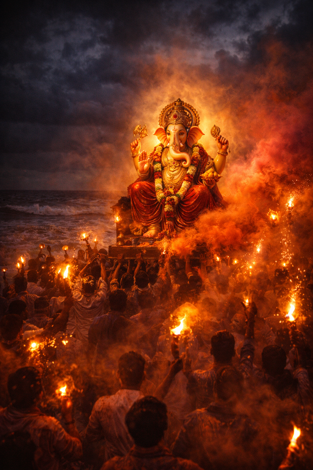 Ganesh Visarjan night procession, large Ganesha idol carried on devotees shoulders toward the ocean, crowd holding torches and sparklers, orange and pink gulal powder clouds in air, ocean waves in background, dark dramatic sky -- HD wallpaper