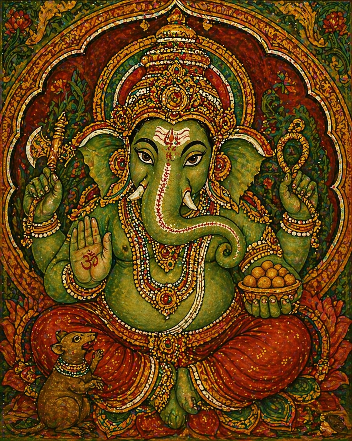 Ganesha -- Kerala Mural Painting Green Bold Outlines HD Wallpaper