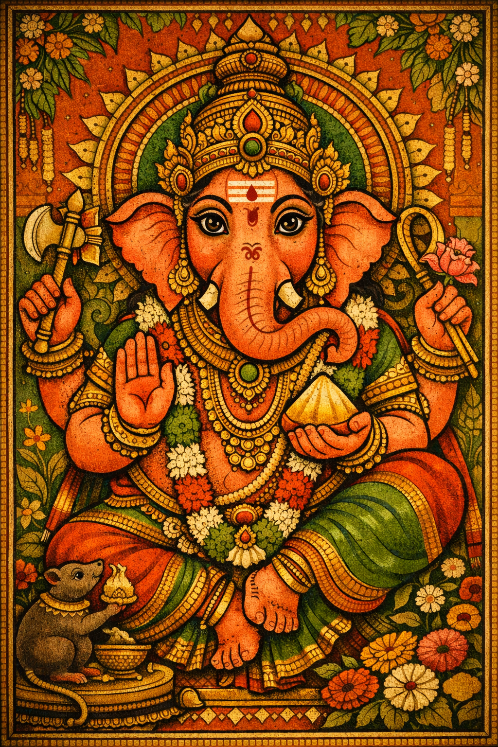 Ganesha -- Kerala Mural Traditional Orange Floral Border HD Wallpaper