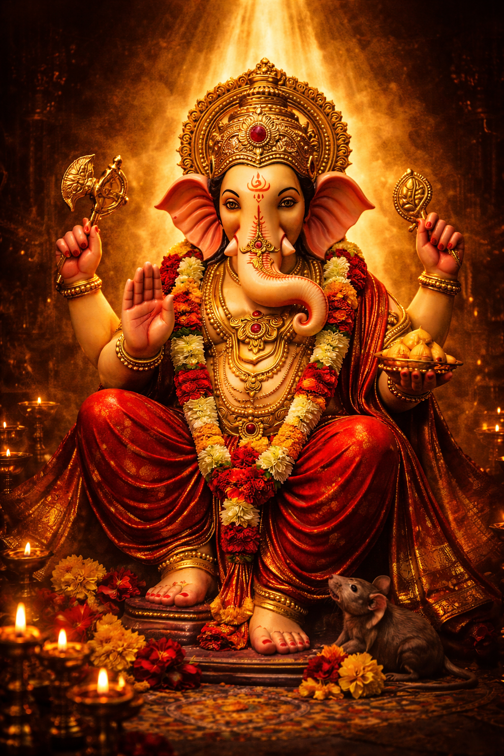 Ganesha idol with vibrant red and gold color scheme, large expressive eyes, ornate mukut crown with rubies and emeralds, four arms holding parashu, pasha, modak, and blessing mudra, mouse vahana at base, divine golden halo -- HD wallpaper