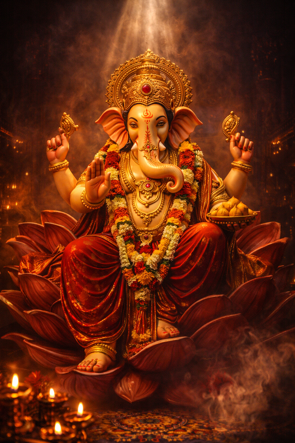 Massive towering Ganesha murti in Mumbai Lalbaugcha Raja style, golden skin, four arms, elaborate jeweled crown, seated on giant lotus throne in lalitasana pose, intense dramatic spotlight, deep red and gold silk draping -- HD wallpaper