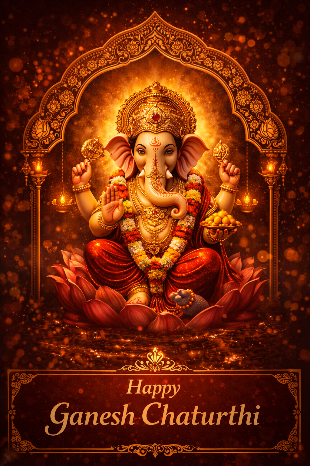 Ganesha seated on lotus with golden aura, four arms in blessing pose, trunk holding modak, decorative arch with paisley and lotus gold motifs, deep maroon and gold color scheme, festive sparkle bokeh light effects -- HD festival greeting wallpaper