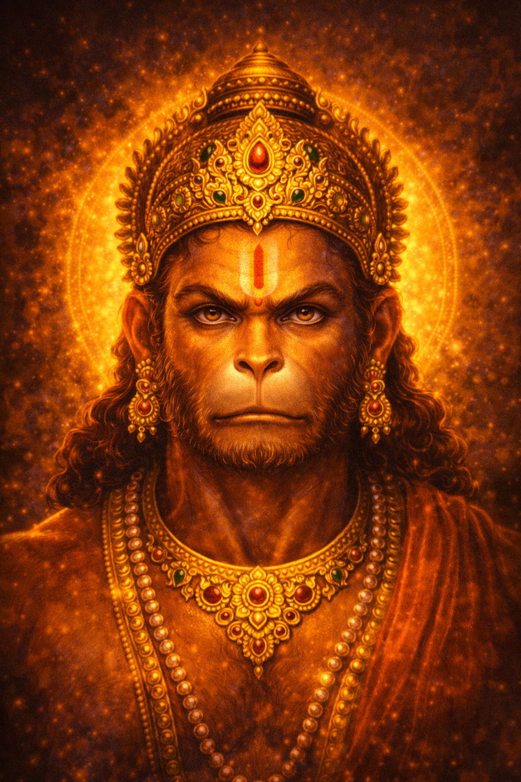 Close-up portrait of Anjaneya Hanuman face, saffron skin, fierce devoted eyes, golden crown, sindoor tilak, dark background with golden light -- HD wallpaper