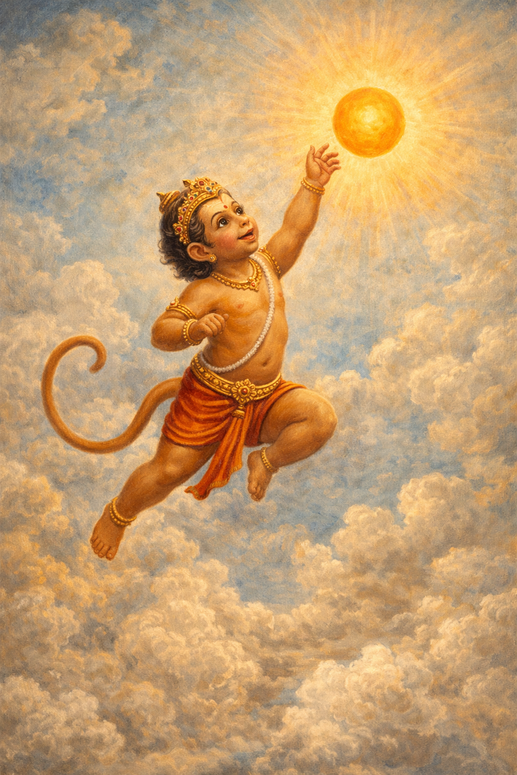 Baby Hanuman leaping toward the golden sun in the sky, playful infant with monkey tail — cute HD devotional wallpaper