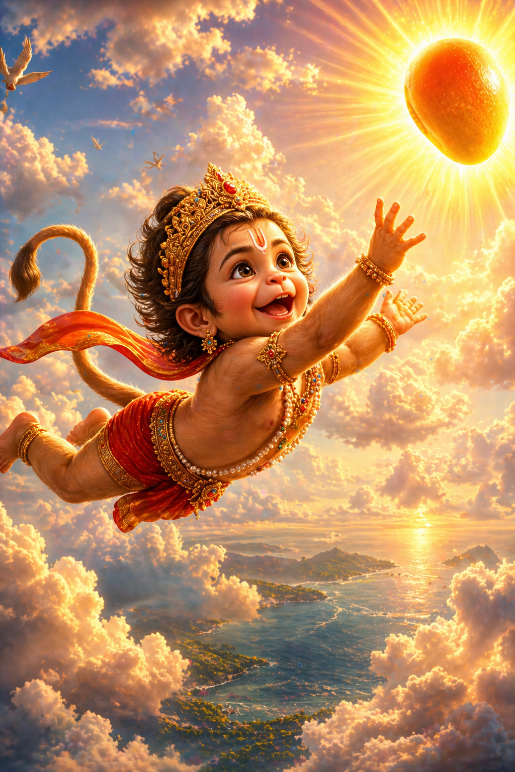 Baby Hanuman flying toward sun cinematic HD wallpaper landscape below clouds golden light infant monkey god with crown