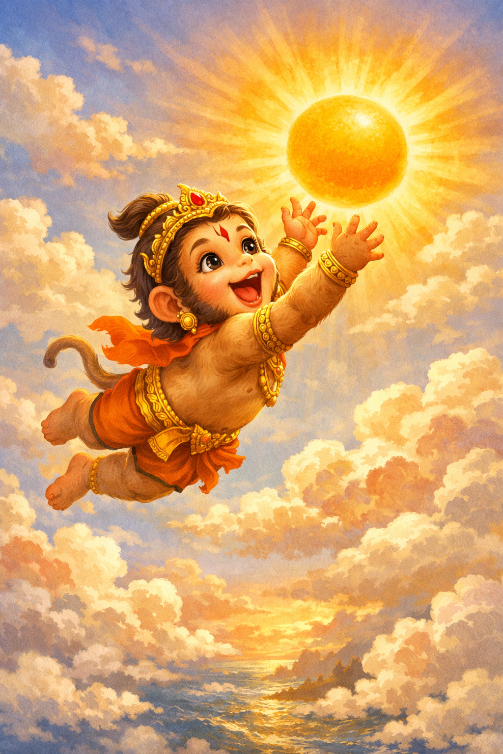 Baby Hanuman reaching for the sun painterly oil painting style HD wallpaper clouds golden light adorable infant monkey god