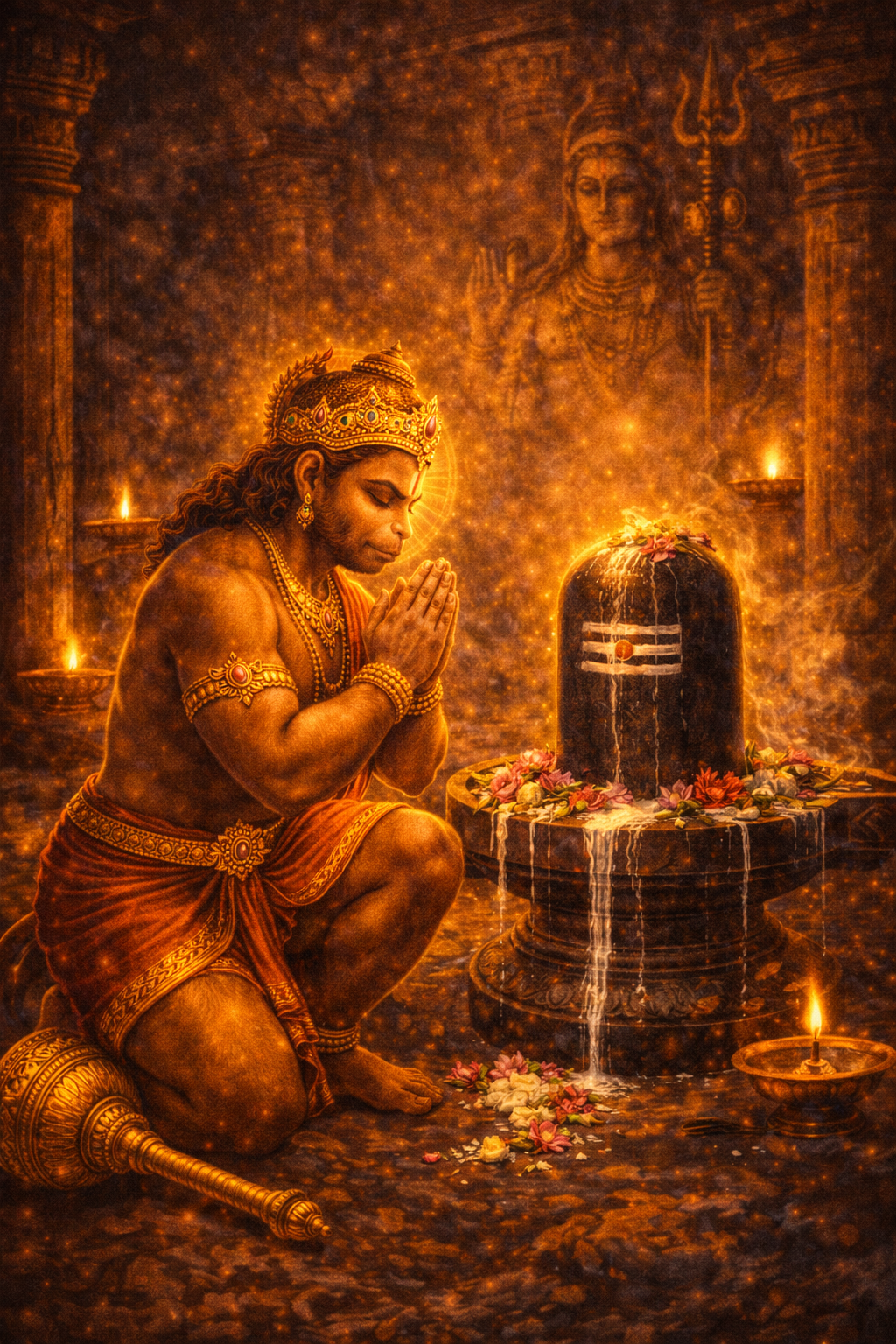 Lord Hanuman kneeling with folded hands before a Shiva Lingam in temple, offering flowers and milk, oil lamps, warm golden devotional atmosphere -- HD wallpaper