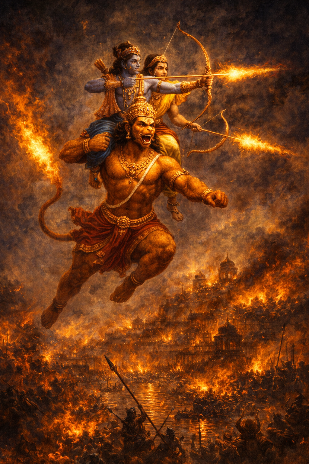 Hanuman Carrying Ram and Lakshman Over the Lanka Battlefield