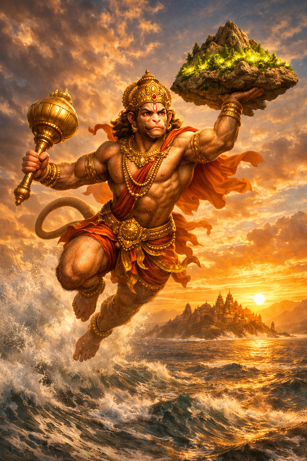 Hanuman flying with Dronagiri mountain over ocean dramatic sunset HD wallpaper saffron robes golden mace Ramayana epic
