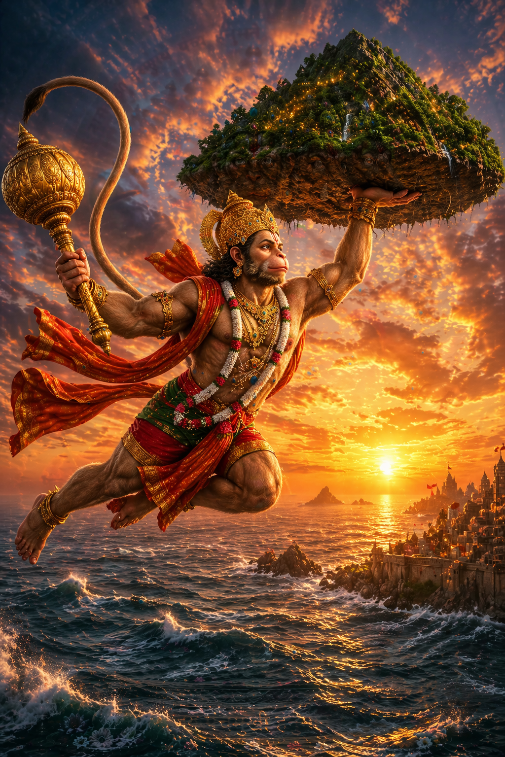 Hanuman flying carrying Dronagiri Sanjeevani mountain over ocean sunset HD wallpaper Ramayana scene muscular warrior golden mace