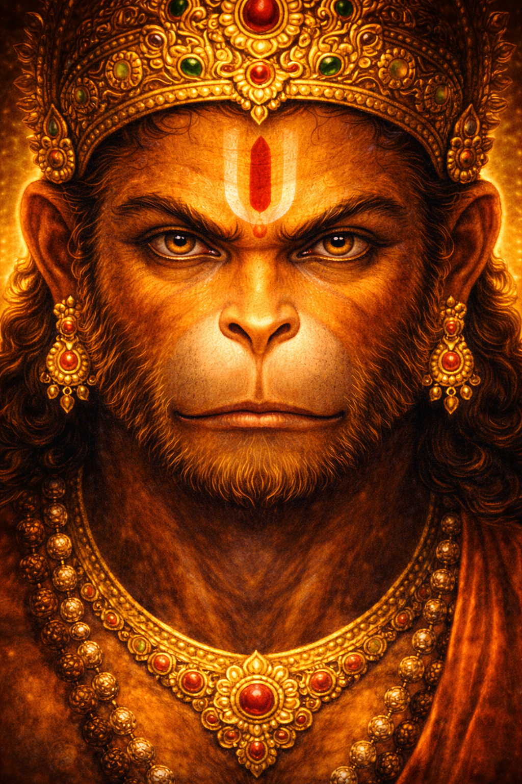 Extreme close-up of Hanuman's face, saffron fur, piercing devoted eyes, sindoor tilak, rudraksha mala, dark background with dramatic golden side-lighting -- HD wallpaper