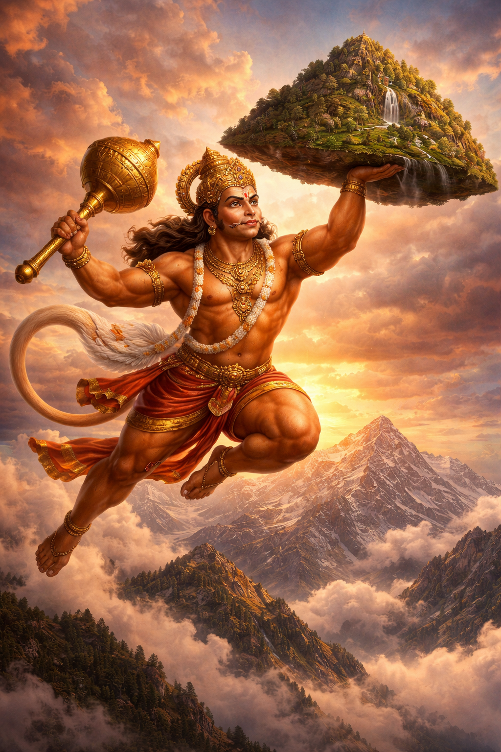 Lord Hanuman flying through the sky carrying the Dronagiri mountain with healing herbs, golden mace in other hand, dramatic sunset clouds — HD devotional wallpaper