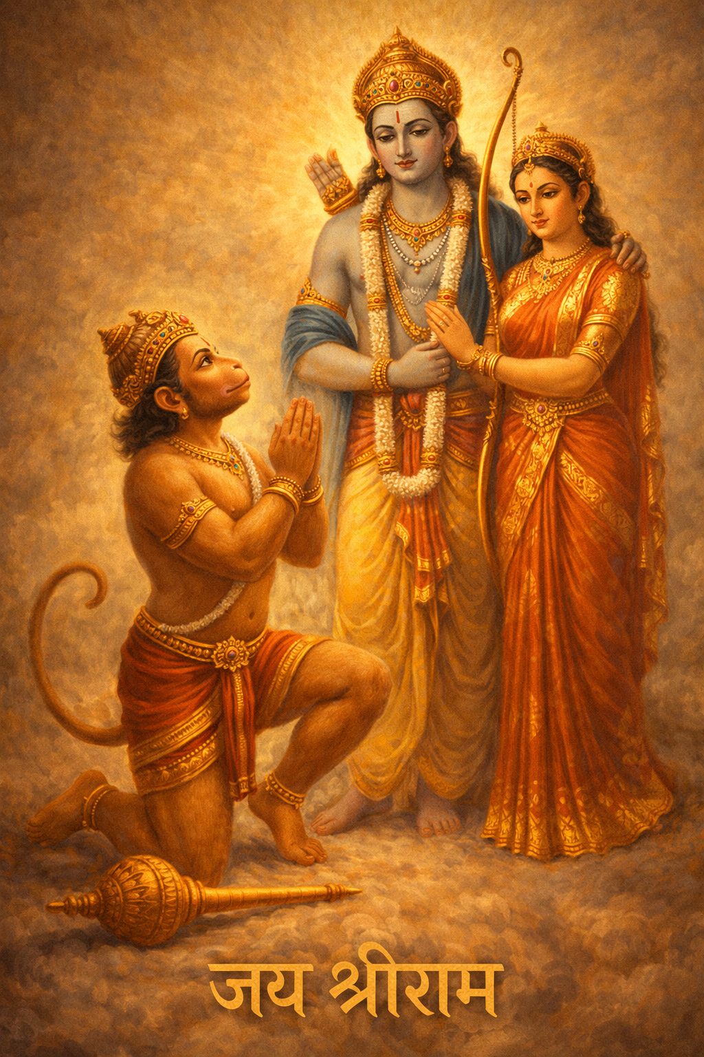 Hanuman kneeling with folded hands before Lord Rama and Sita, Jai Shri Ram in Hindi Devanagari — HD vertical devotional wallpaper