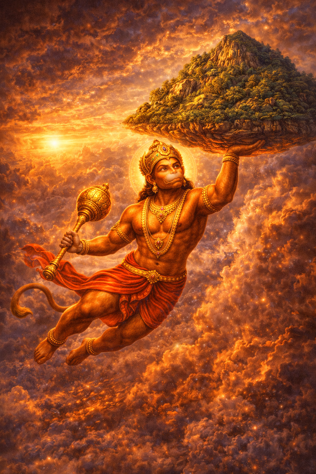 Hanuman flying and carrying the entire Dronagiri mountain on one palm, golden mace in the other hand, dramatic sunset clouds -- HD wallpaper