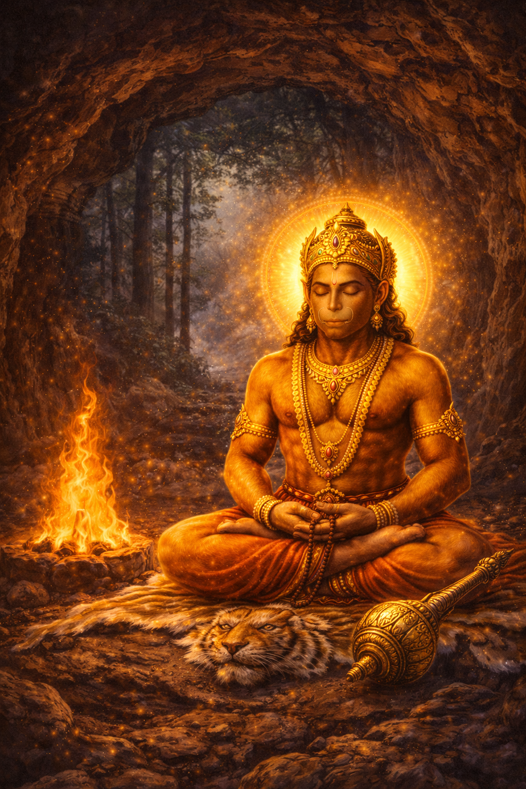 Hanuman seated in deep meditation in a forest cave with sacred fire burning, tiger skin seat, rudraksha mala, warm firelight -- HD wallpaper