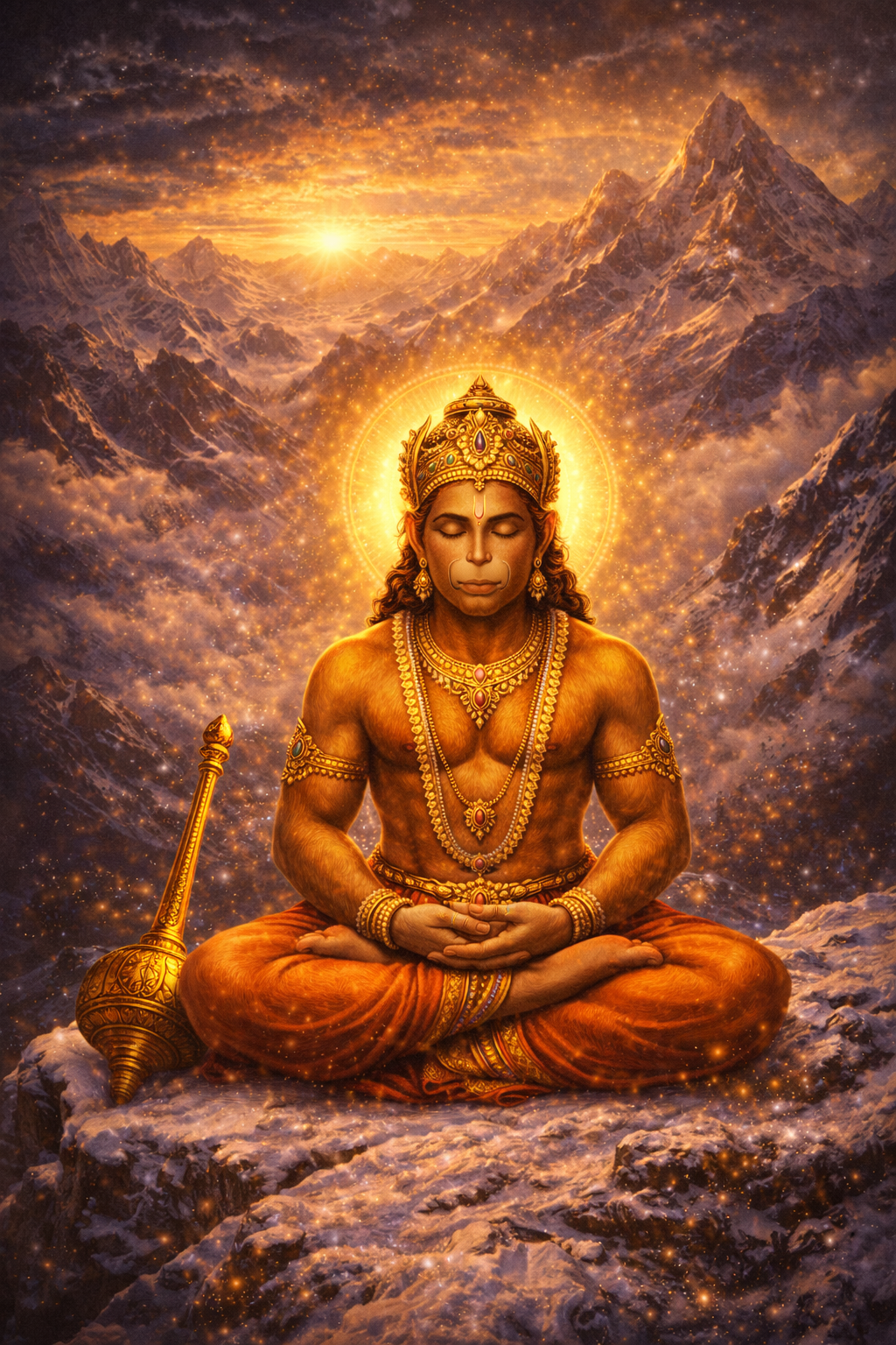 Lord Hanuman seated in lotus meditation on Himalayan peak, eyes closed, golden mace beside him, muscular saffron body, snow mountains, sunrise golden light -- HD wallpaper