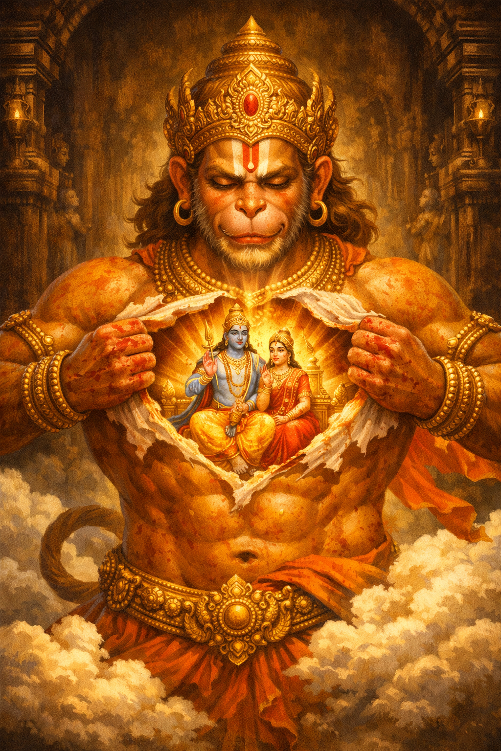 Hanuman tearing open chest showing Rama and Sita in heart HD wallpaper golden light clouds divine devotion bhakti