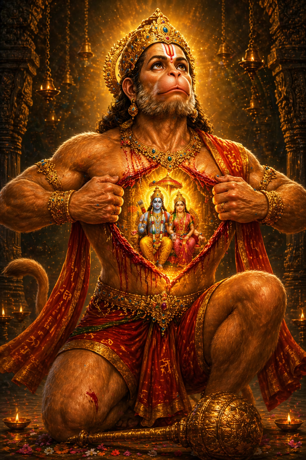 Hanuman opening his chest revealing Lord Rama and Sita seated inside his heart HD wallpaper golden light temple background devotion