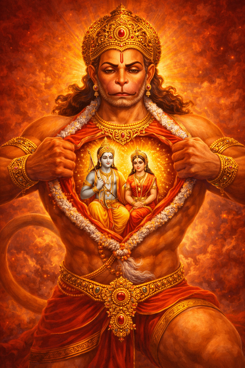 Hanuman tearing open his chest to reveal Lord Ram and Sita seated in his heart — the most iconic Hanuman devotional image in HD