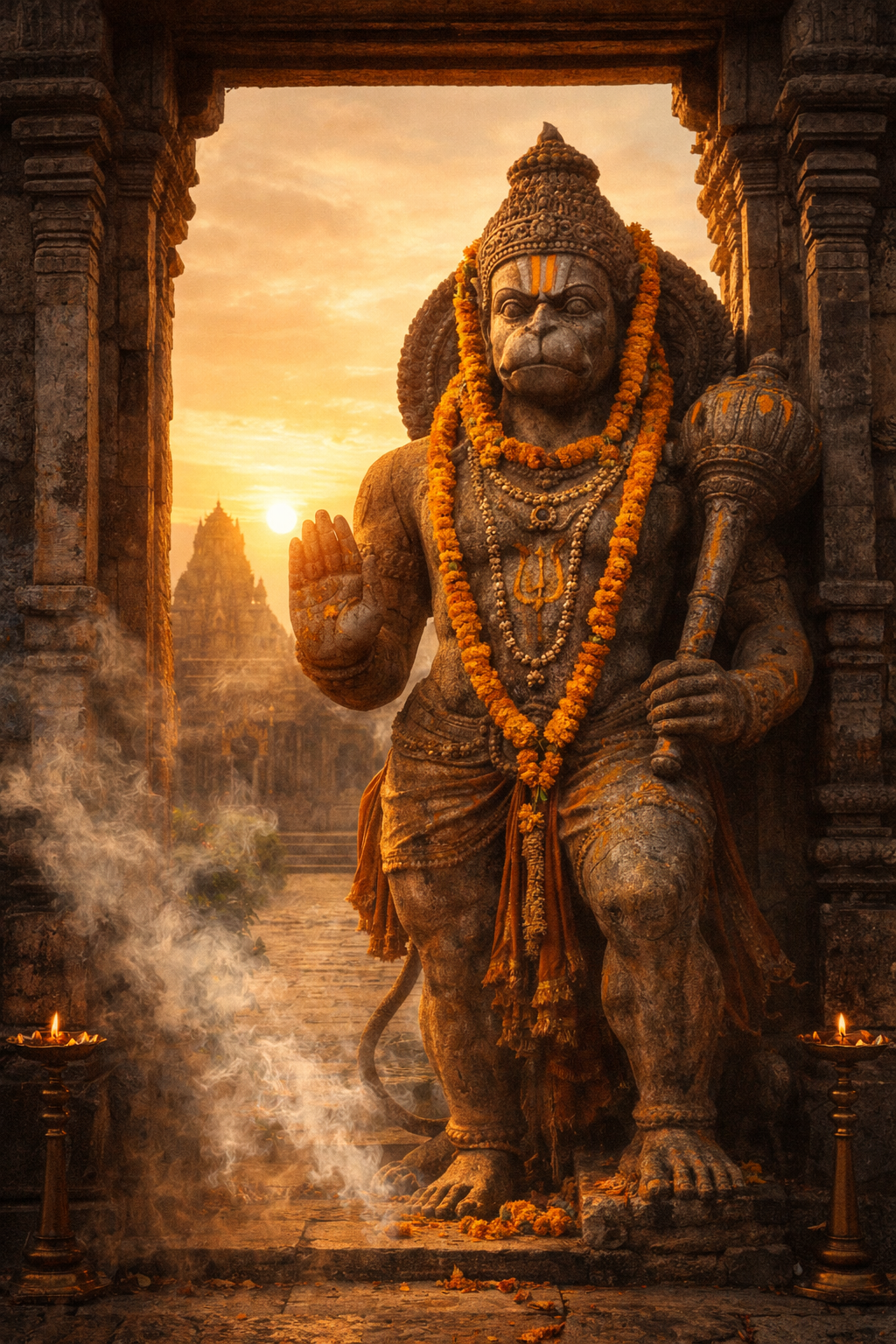 Hanuman Temple Statue at Sunrise — Majestic Stone Gateway