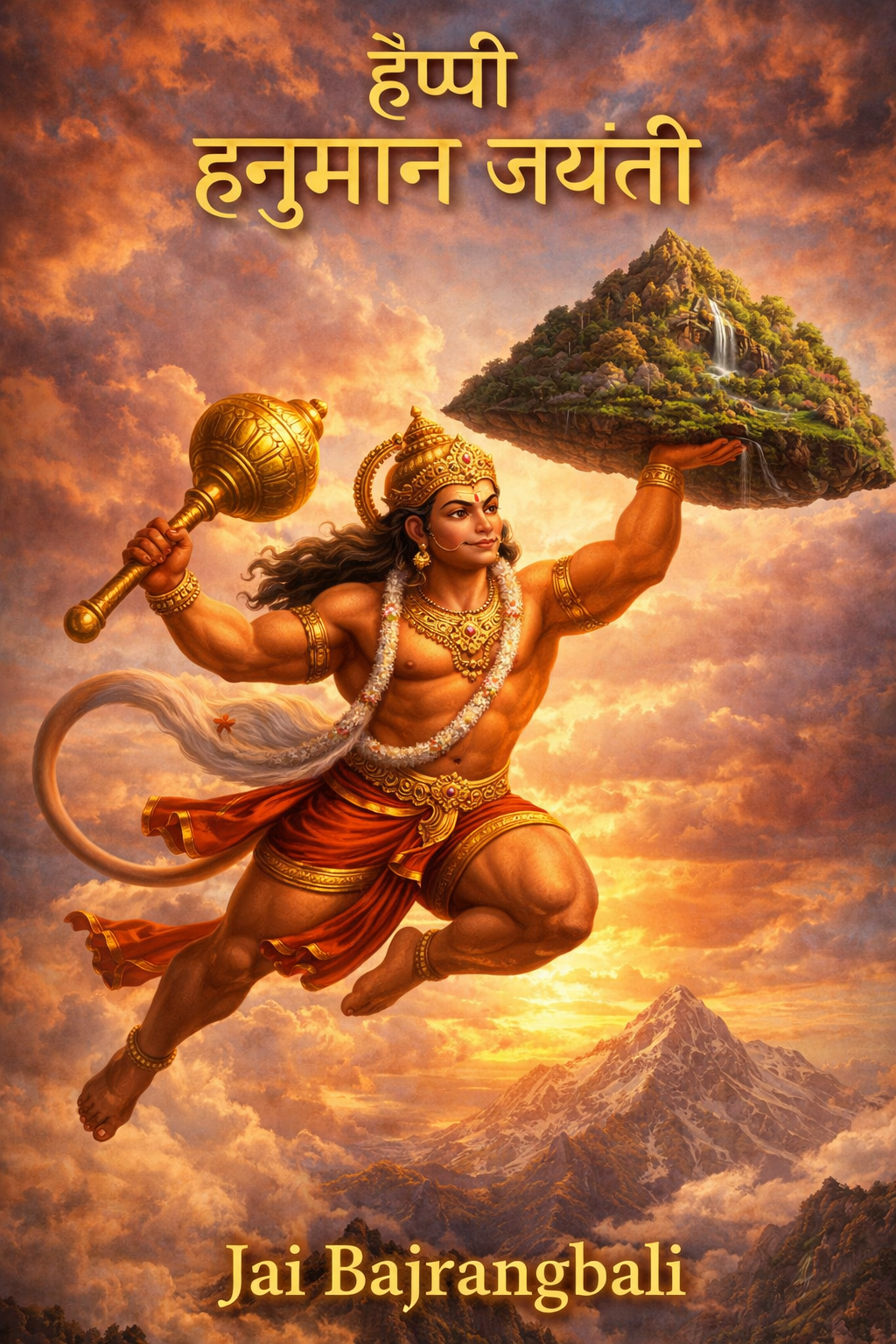 Happy Hanuman Jayanti greeting — Hanuman flying with Dronagiri mountain, Hindi text, Jai Bajrangbali — vertical WhatsApp sharing image