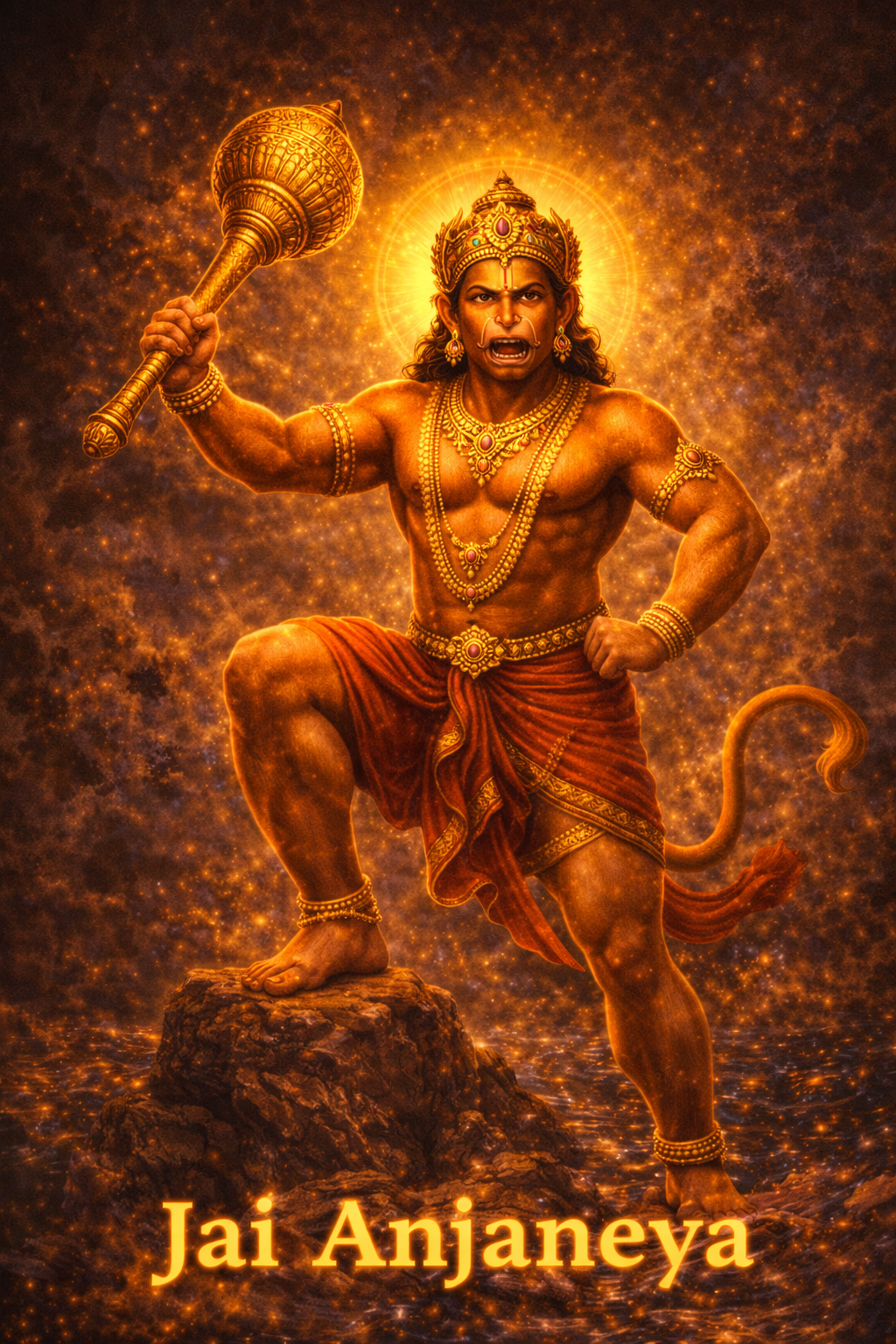 Anjaneya Hanuman in powerful warrior standing pose with mace raised, saffron body, golden crown and ornaments, South Indian temple style -- HD wallpaper
