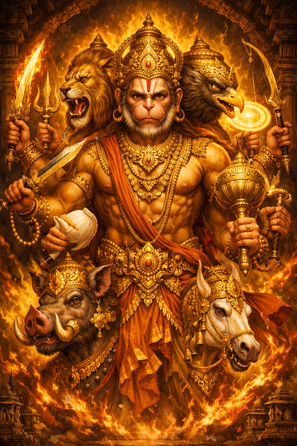 Panchmukhi Hanuman fierce five-faced form HD wallpaper with sacred fire temple background golden ornaments divine weapons