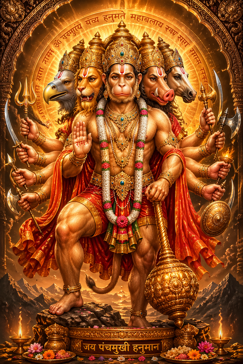 Panchmukhi Hanuman five-faced form HD wallpaper with Narasimha Garuda Varaha Hayagriva faces ten arms divine warrior golden saffron